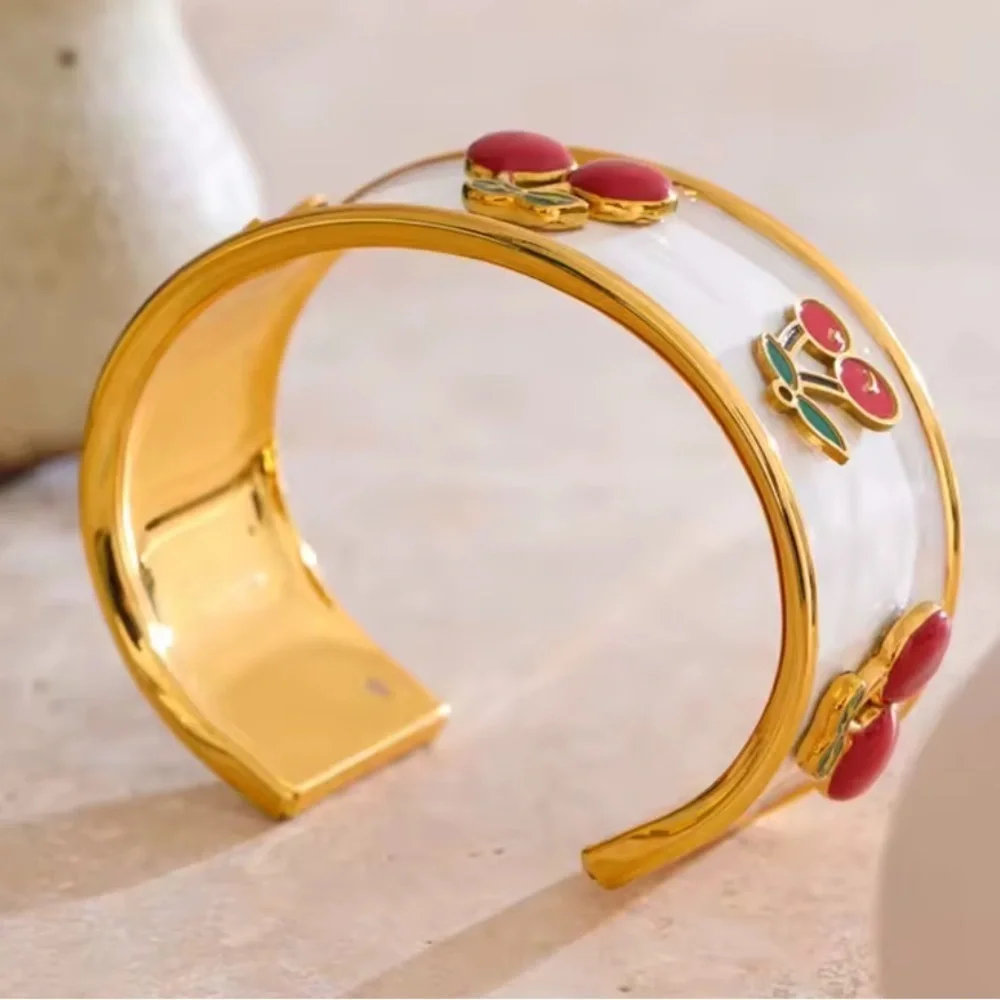 Red Cherry 18K Gold Stainless Steel Enamel Bangle Bracelet